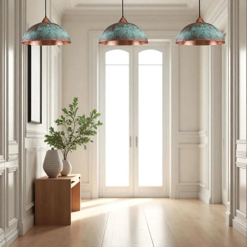 Handmade Blue Patina Copper Dome Pendant Light - Rustic Vintage Hanging Lamp - Mettlemix