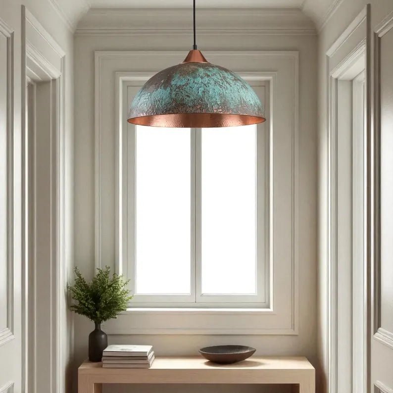 Handmade Blue Patina Copper Dome Pendant Light - Rustic Vintage Hanging Lamp - Mettlemix