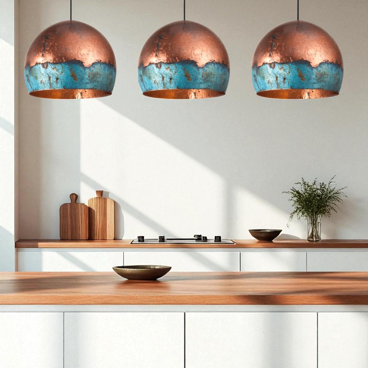 Handmade Blue Patina Copper Pendant Light: Rustic Industrial Dome Lamp - Mettlemix