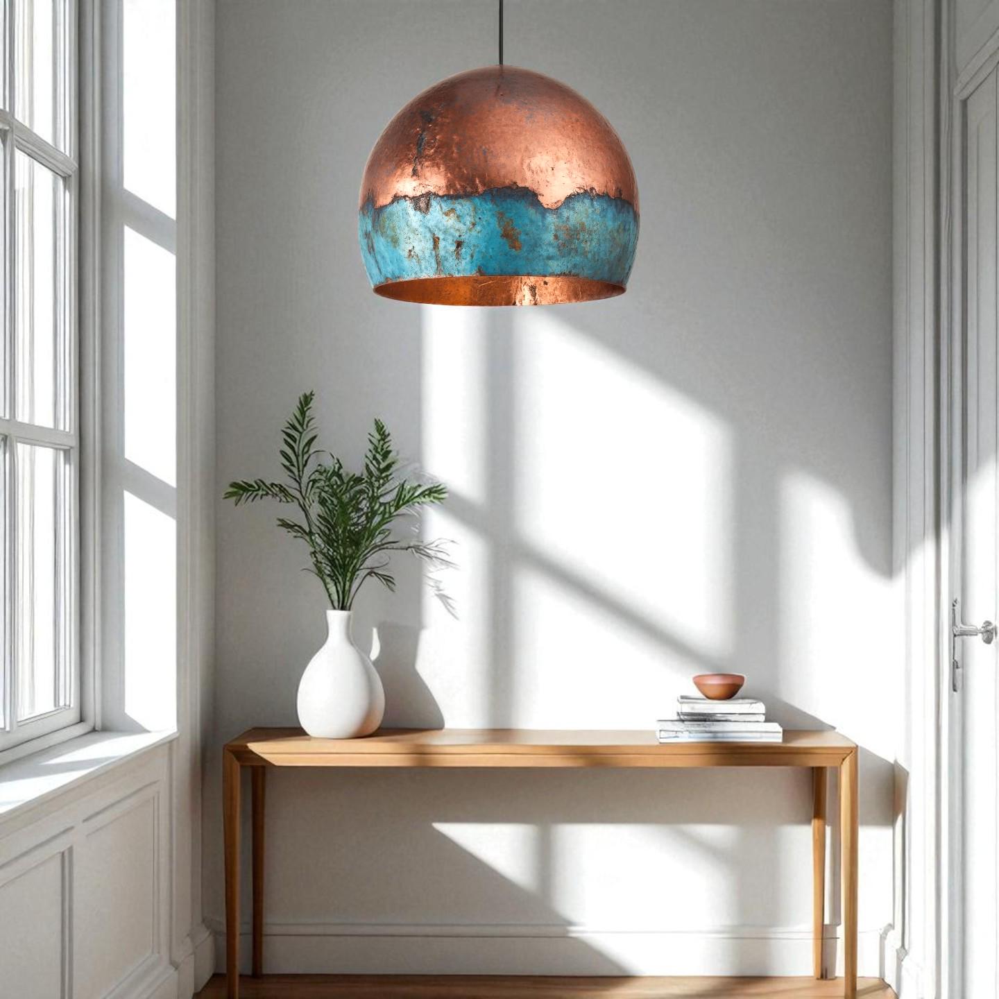 Handmade Blue Patina Copper Pendant Light: Rustic Industrial Dome Lamp - Mettlemix