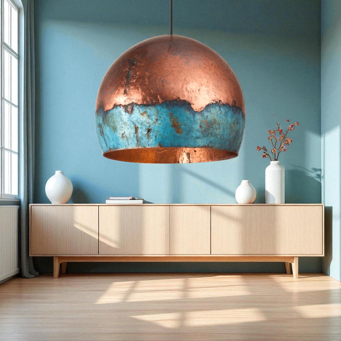Handmade Blue Patina Copper Pendant Light: Rustic Industrial Dome Lamp - Mettlemix