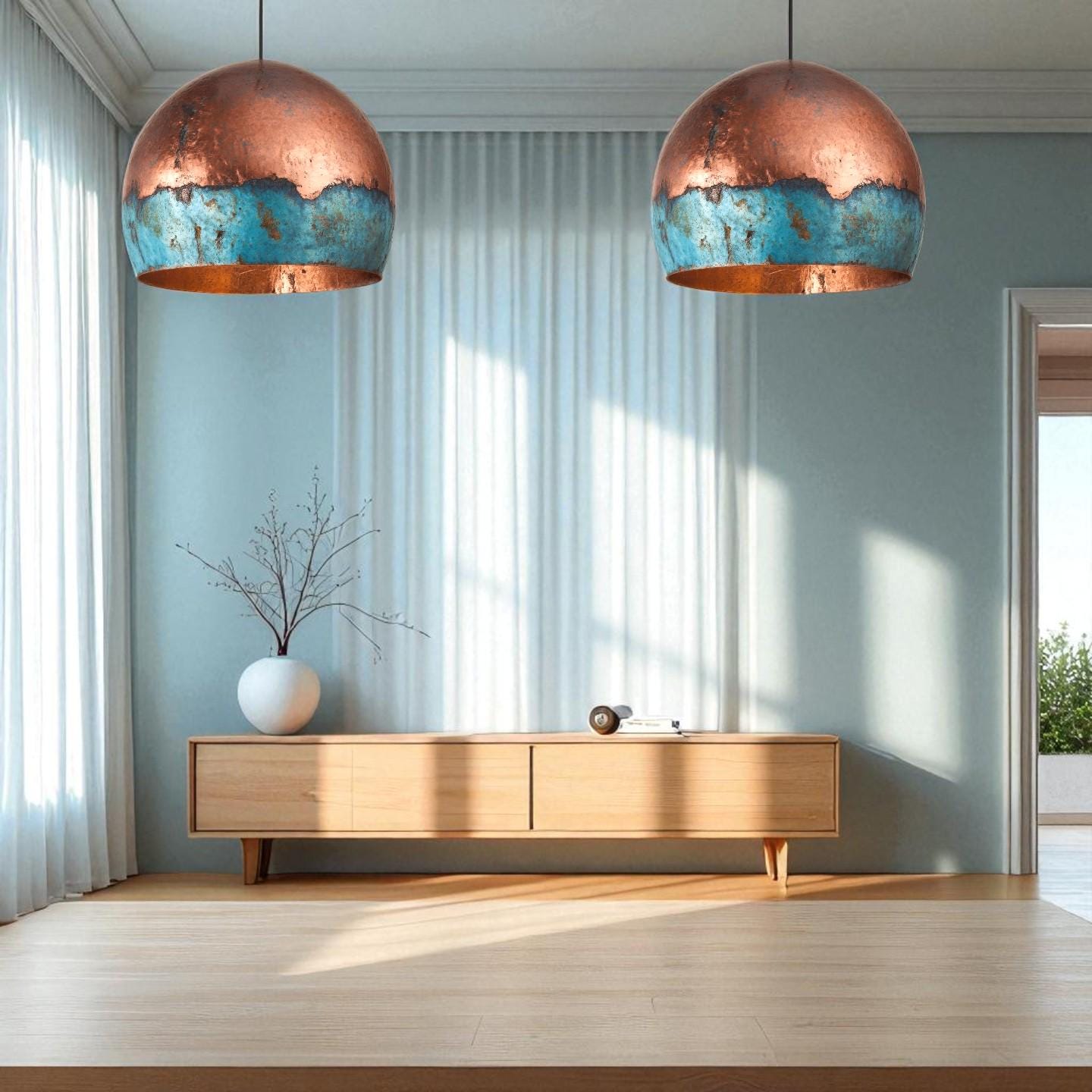 Handmade Blue Patina Copper Pendant Light: Rustic Industrial Dome Lamp - Mettlemix