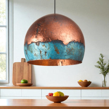 Handmade Blue Patina Copper Pendant Light: Rustic Industrial Dome Lamp - Mettlemix