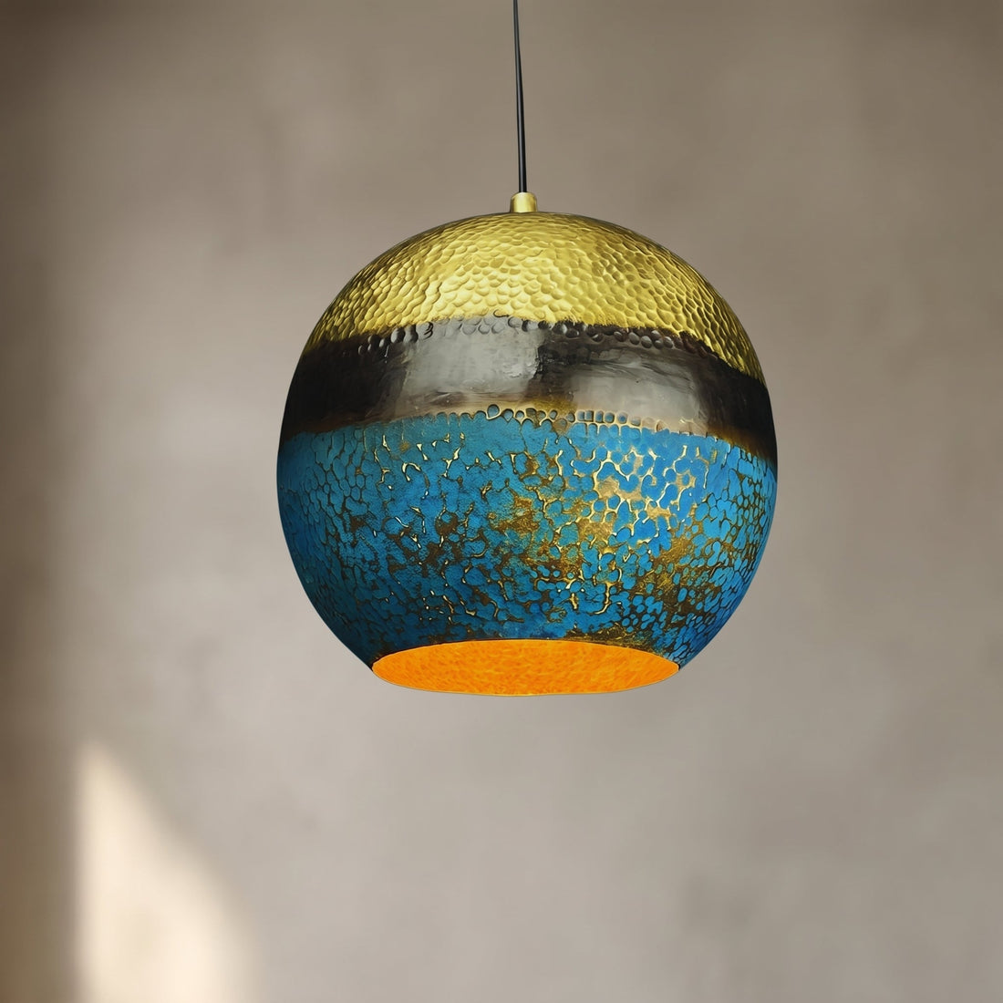 Handmade Brass Dome Pendant Light - Blue Gold Patina & Hammered Texture - Mettlemix