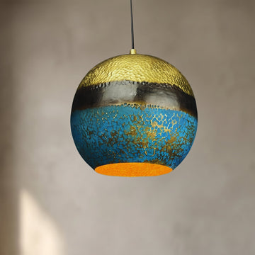 Handmade Brass Dome Pendant Light - Blue Gold Patina & Hammered Texture - Mettlemix