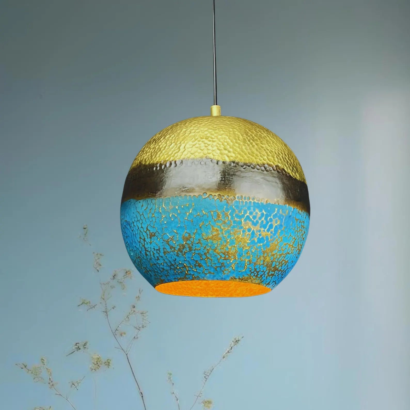 Handmade Brass Dome Pendant Light - Blue Gold Patina & Hammered Texture - Mettlemix