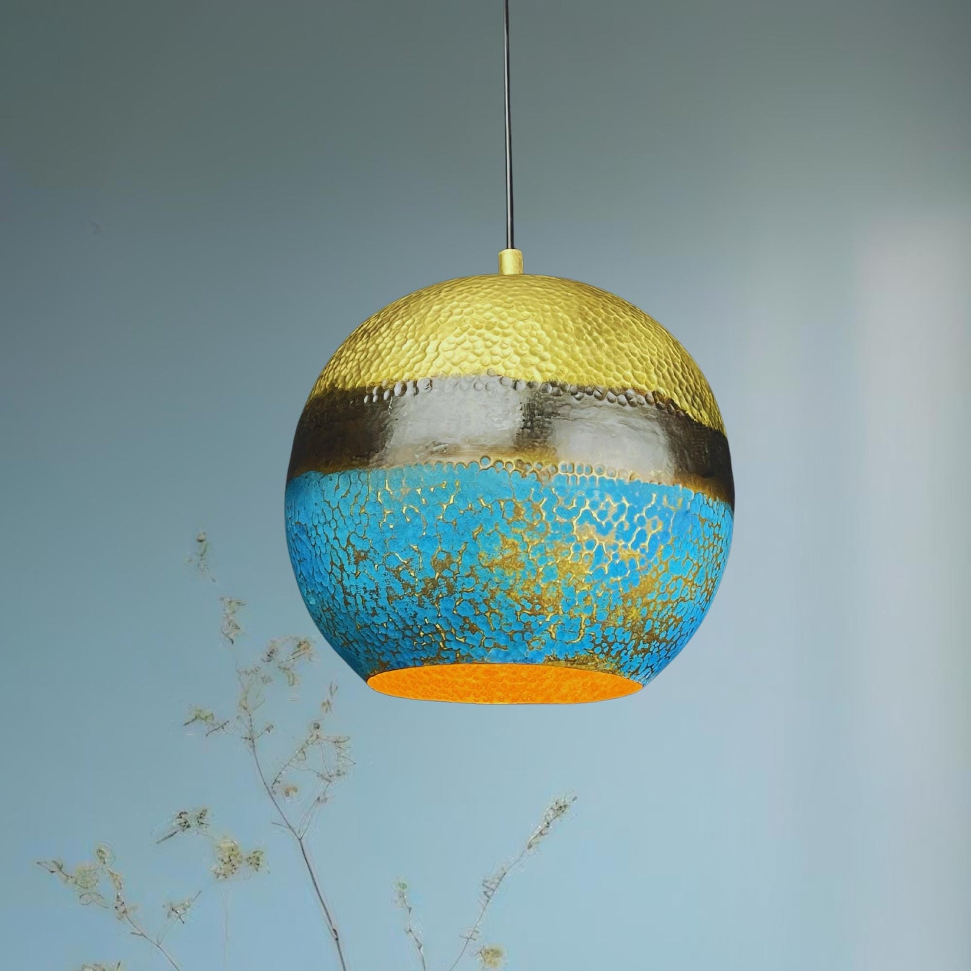 Handmade Brass Dome Pendant Light: Blue Gold Patina, Hammered Texture - Mettlemix