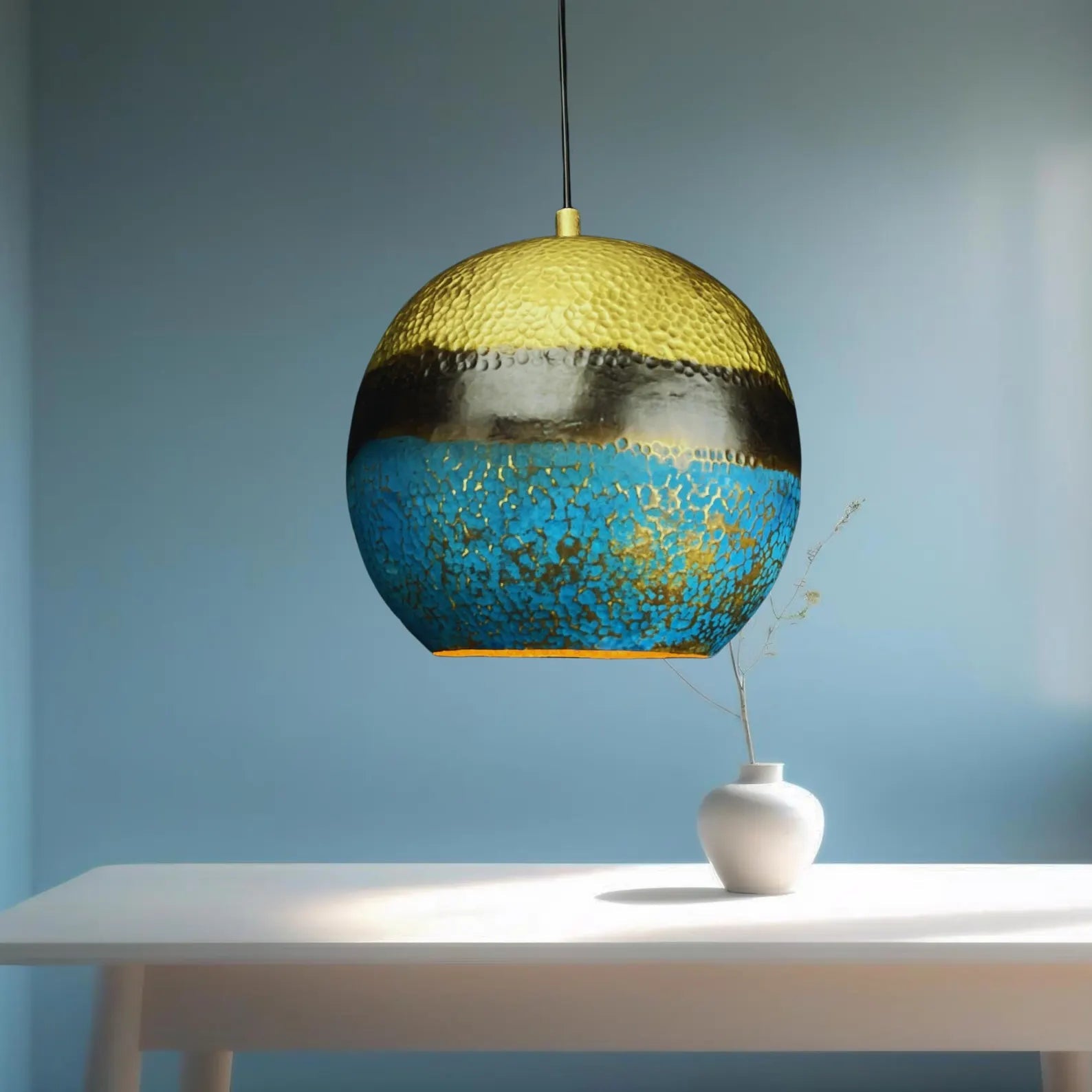 Handmade Brass Dome Pendant Light - Blue Gold Patina & Hammered Texture - Mettlemix
