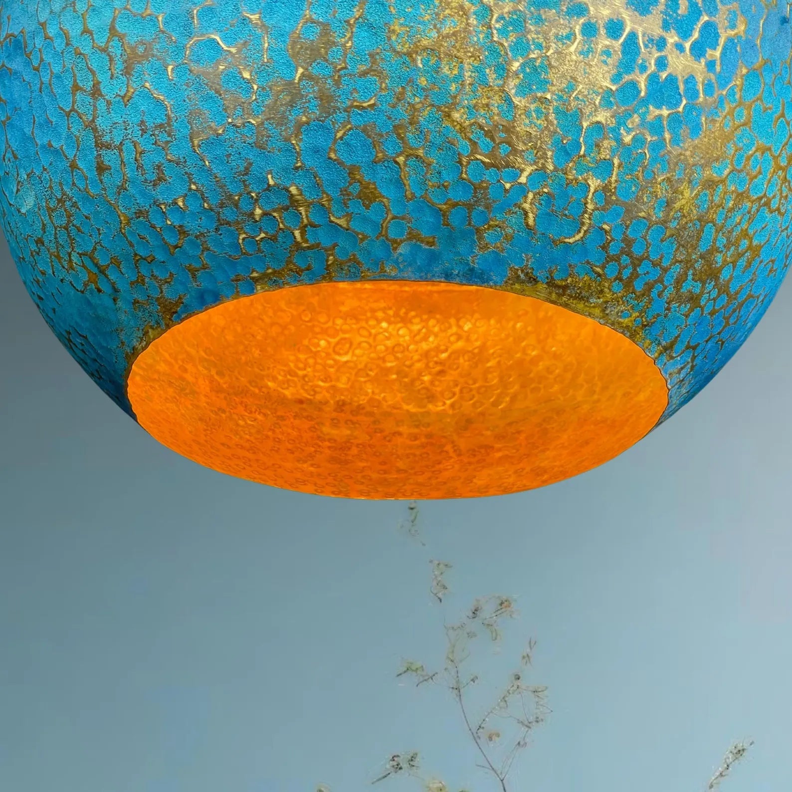 Handmade Brass Dome Pendant Light - Blue Gold Patina & Hammered Texture - Mettlemix