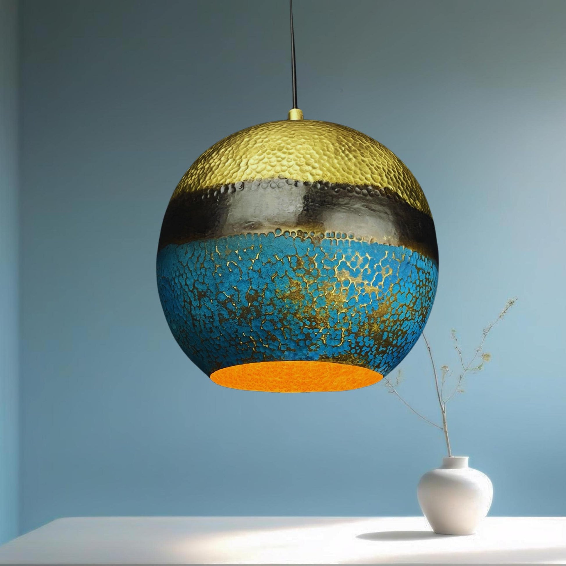 Handmade Brass Dome Pendant Light: Blue Gold Patina, Hammered Texture - Mettlemix