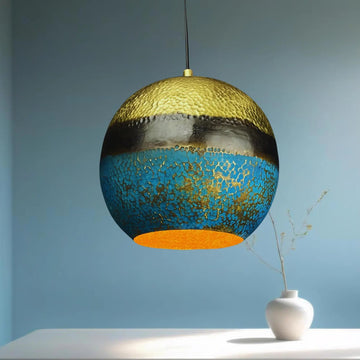Handmade Brass Dome Pendant Light - Blue Gold Patina & Hammered Texture - Mettlemix