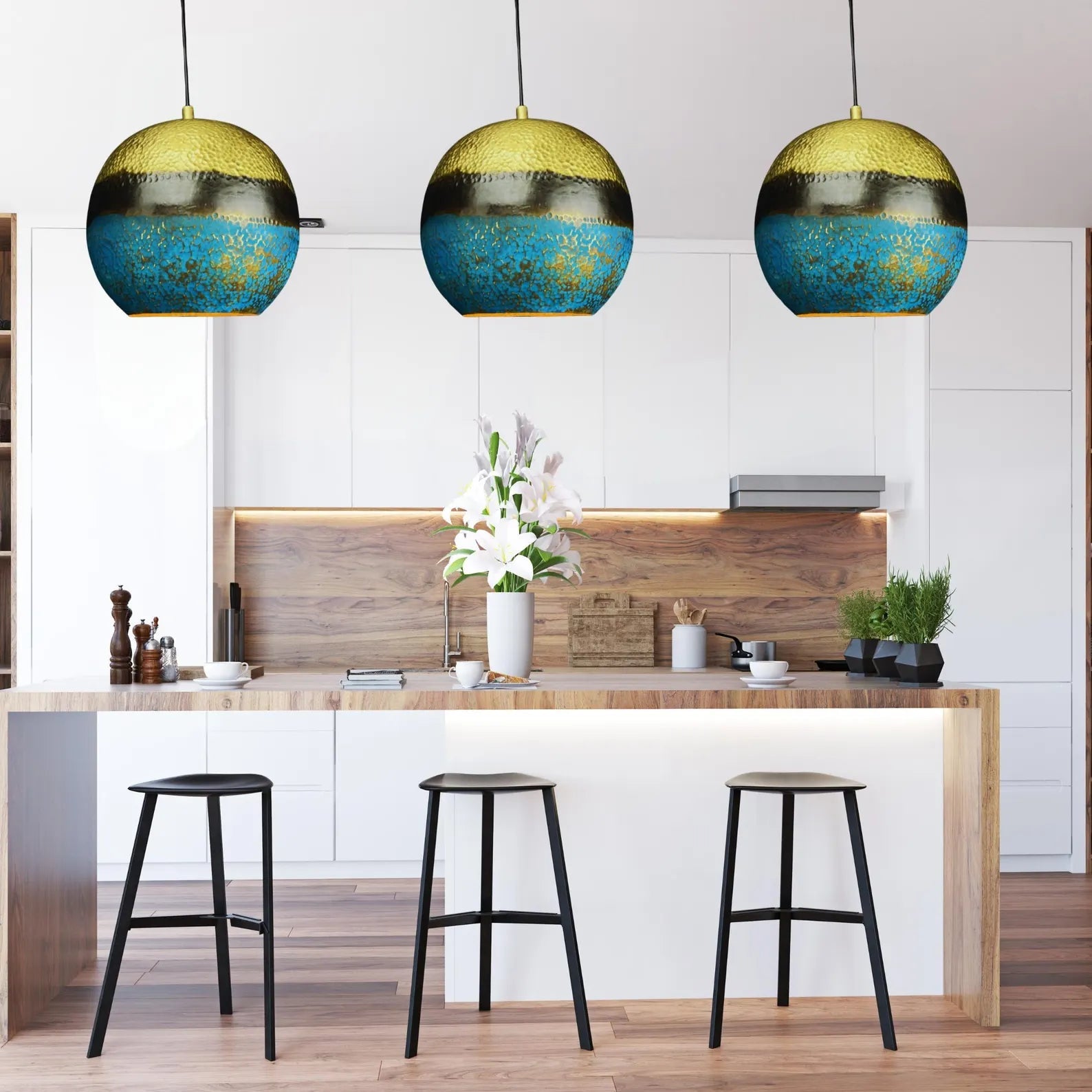 Handmade Brass Dome Pendant Light - Blue Gold Patina & Hammered Texture - Mettlemix
