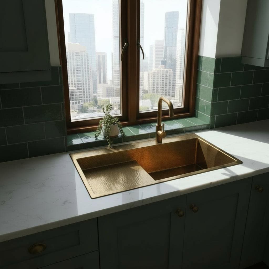 Handmade Brass Kitchen Sink with Drainboard - Hammered Gold Basin - Mettlemix