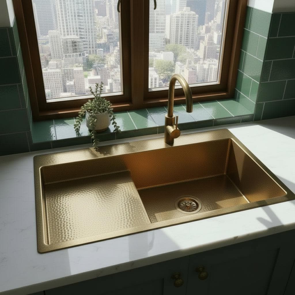Handmade Brass Kitchen Sink with Drainboard - Hammered Gold Basin - Mettlemix