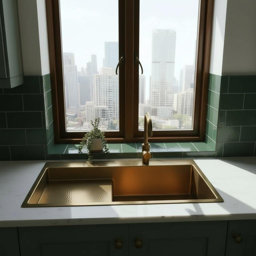 Handmade Brass Kitchen Sink with Drainboard - Hammered Gold Basin - Mettlemix