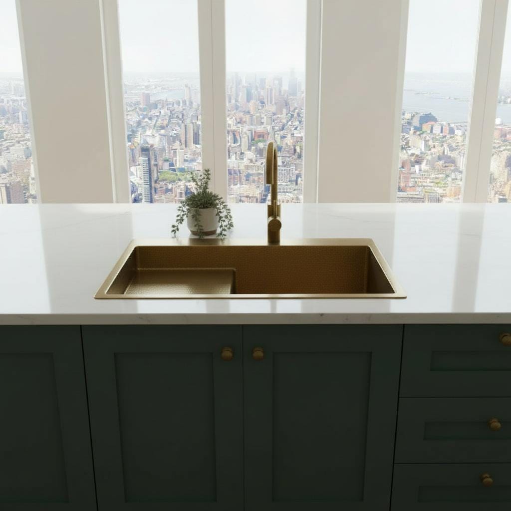 Handmade Brass Kitchen Sink with Drainboard - Hammered Gold Basin - Mettlemix
