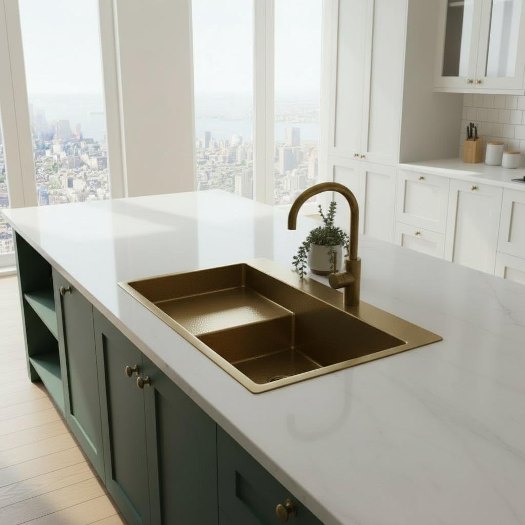 Handmade Brass Kitchen Sink with Drainboard - Hammered Gold Basin - Mettlemix