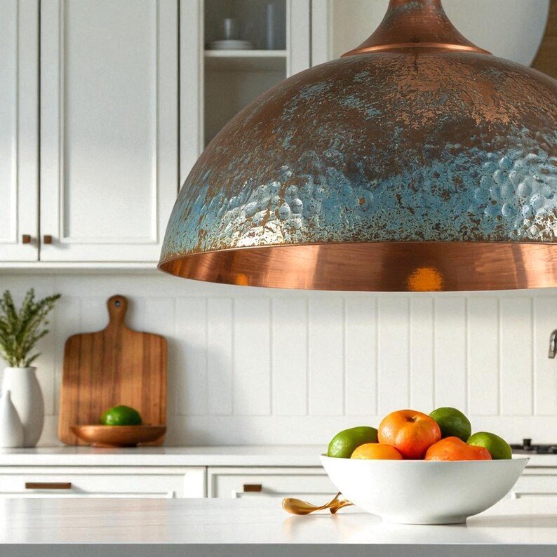 Handmade Copper Dome Pendant Light - Green Patina & Rustic Artisan Lighting - Mettlemix