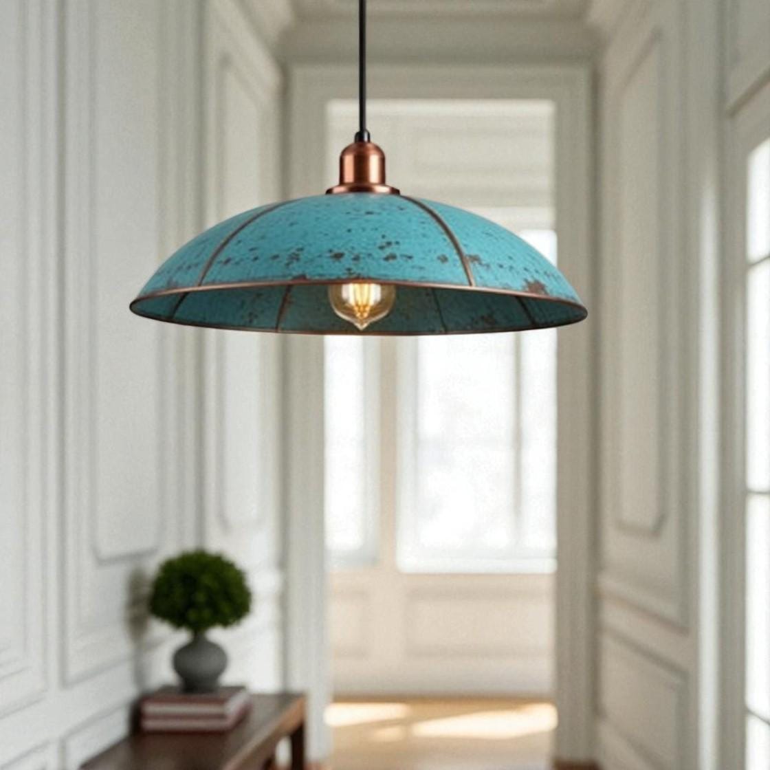 Handmade Copper Dome Pendant Light: Rustic Blue Patina, Industrial Lighting - Mettlemix
