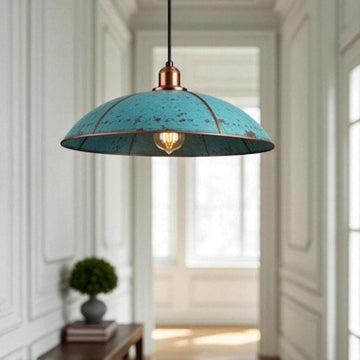 Handmade Copper Dome Pendant Light: Rustic Blue Patina, Industrial Lighting - Mettlemix