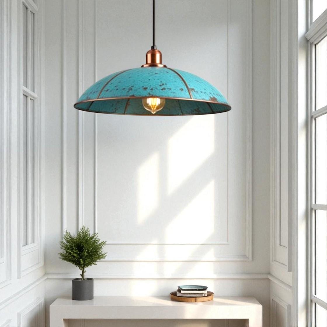 Handmade Copper Dome Pendant Light: Rustic Blue Patina, Industrial Lighting - Mettlemix