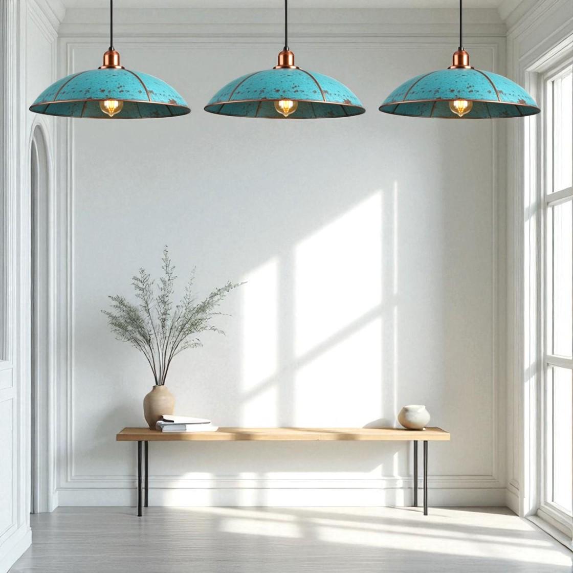 Handmade Copper Dome Pendant Light: Rustic Blue Patina, Industrial Lighting - Mettlemix