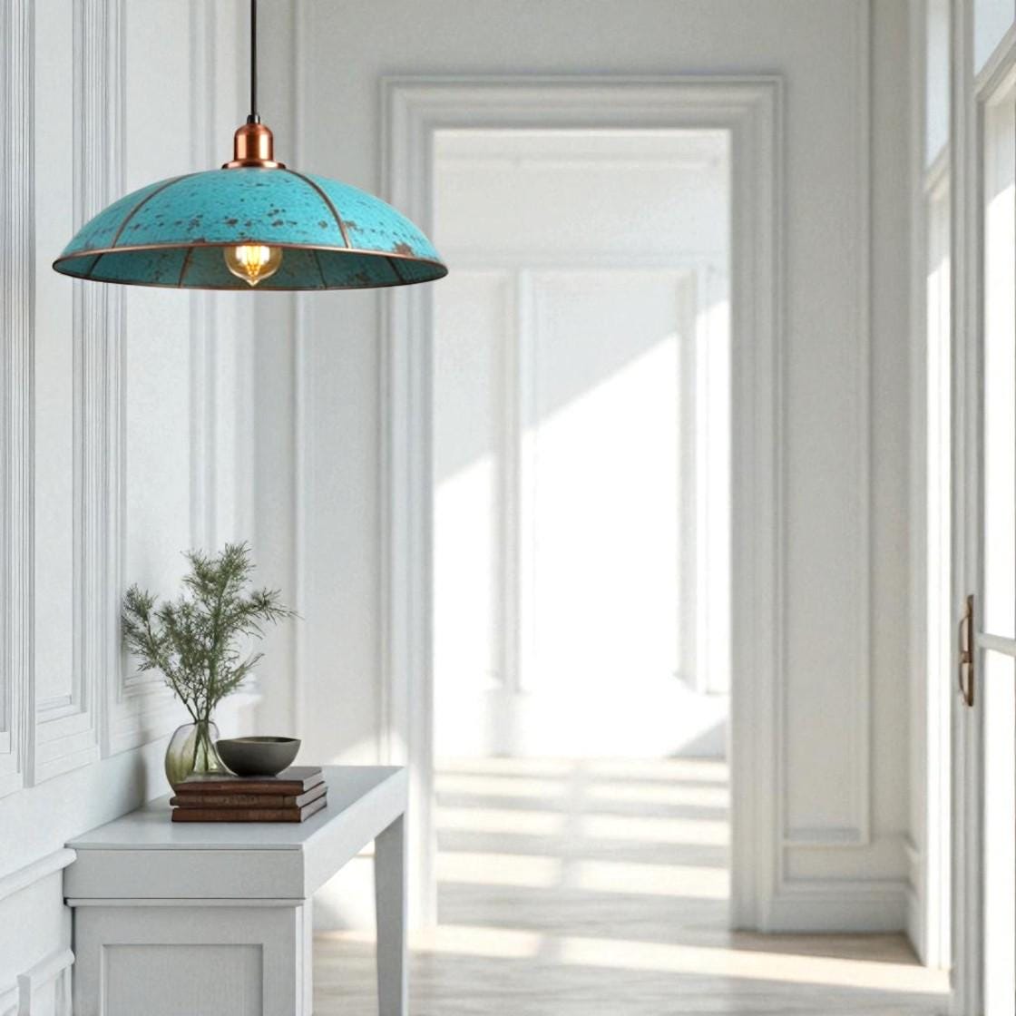 Handmade Copper Dome Pendant Light: Rustic Blue Patina, Industrial Lighting - Mettlemix