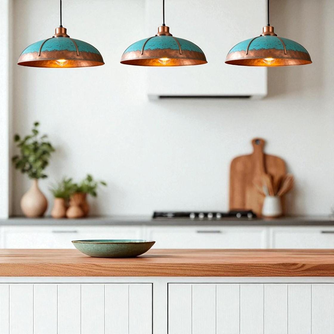 Handmade Copper Dome Pendant Light: Rustic Turquoise Patina, Industrial Decor - Mettlemix