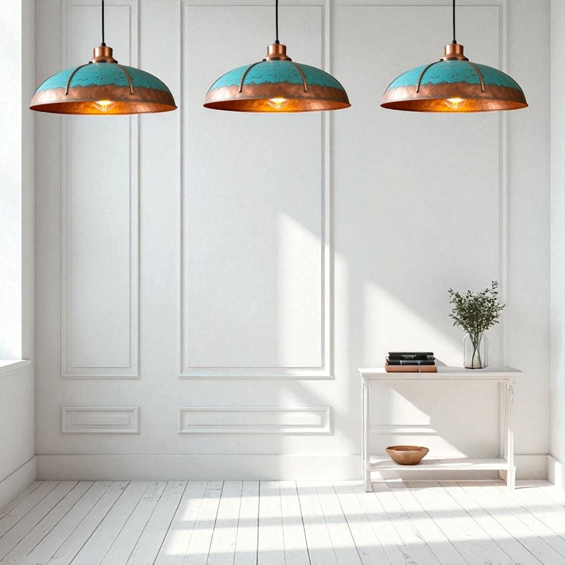Handmade Copper Dome Pendant Light: Rustic Turquoise Patina, Industrial Decor - Mettlemix