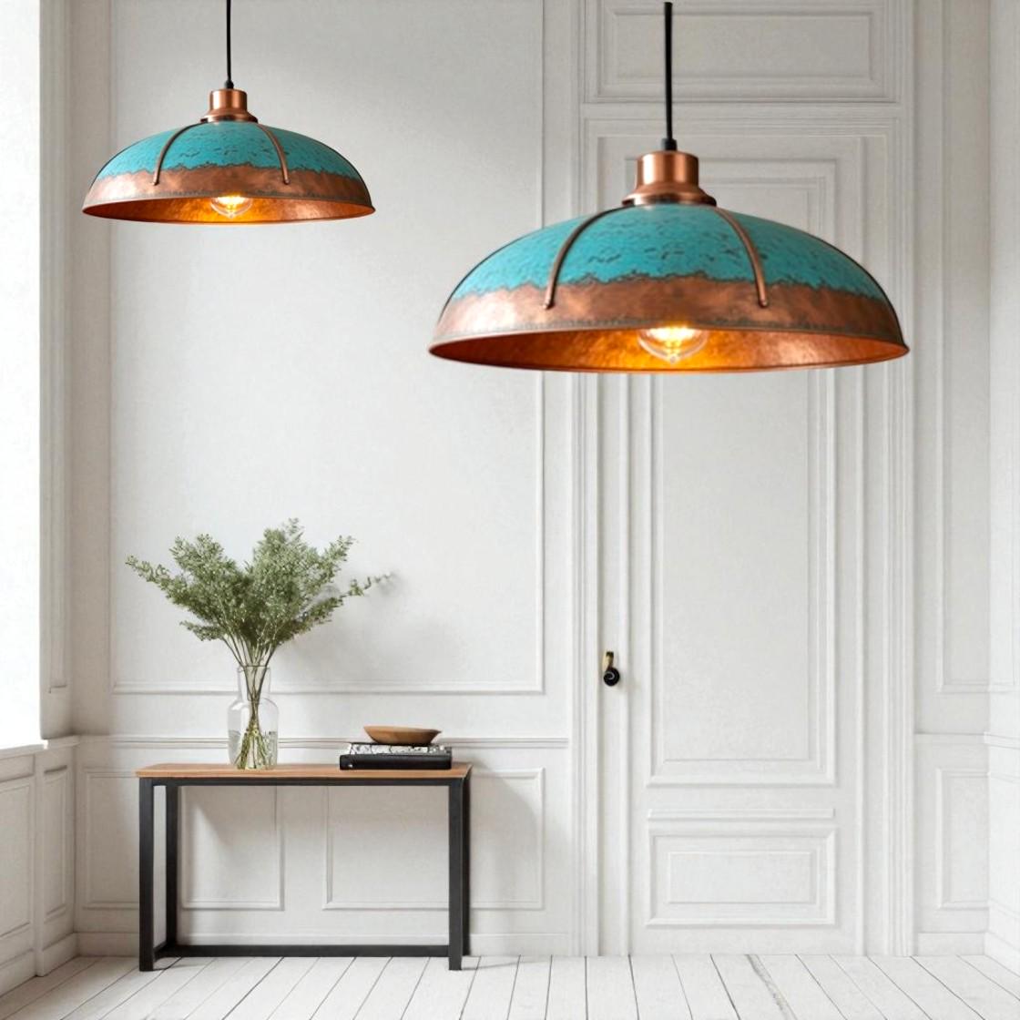 Handmade Copper Dome Pendant Light: Rustic Turquoise Patina, Industrial Decor - Mettlemix