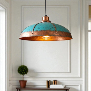 Handmade Copper Dome Pendant Light: Rustic Turquoise Patina, Industrial Decor - Mettlemix