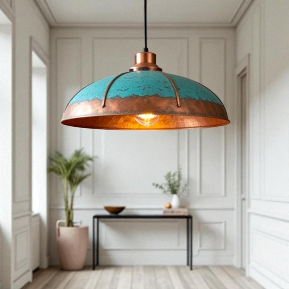 Handmade Copper Dome Pendant Light: Rustic Turquoise Patina, Industrial Decor - Mettlemix