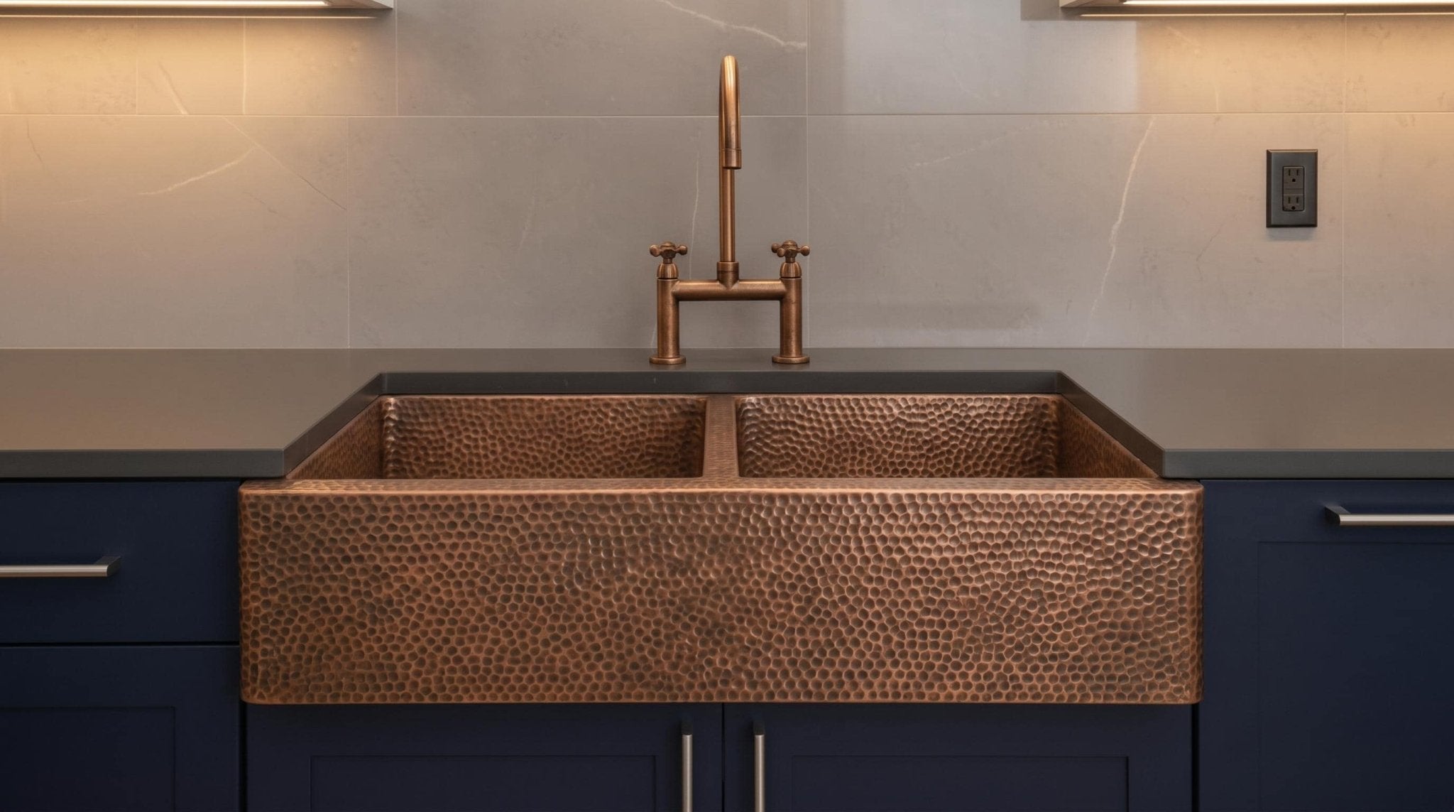 Handmade Copper Farmhouse Sink, Double Bowl Kitchen basin, Hammered Moroccan Apron Front, Custom Luxury Kitchen Renovation - Mettlemix