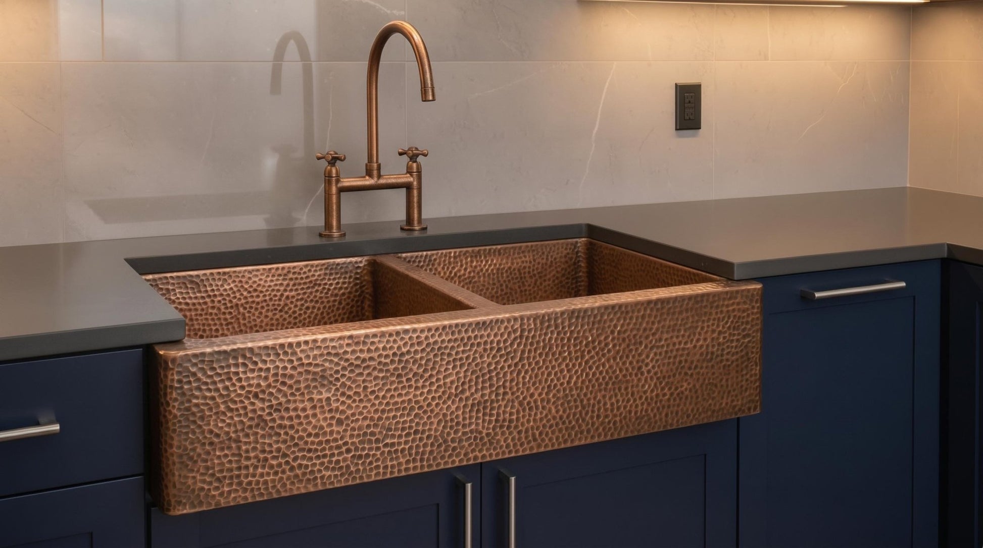 Handmade Copper Farmhouse Sink, Double Bowl Kitchen basin, Hammered Moroccan Apron Front, Custom Luxury Kitchen Renovation - Mettlemix