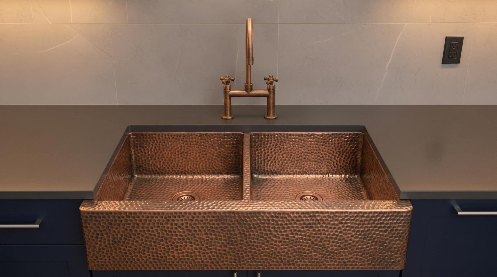Handmade Copper Farmhouse Sink, Double Bowl Kitchen basin, Hammered Moroccan Apron Front, Custom Luxury Kitchen Renovation - Mettlemix