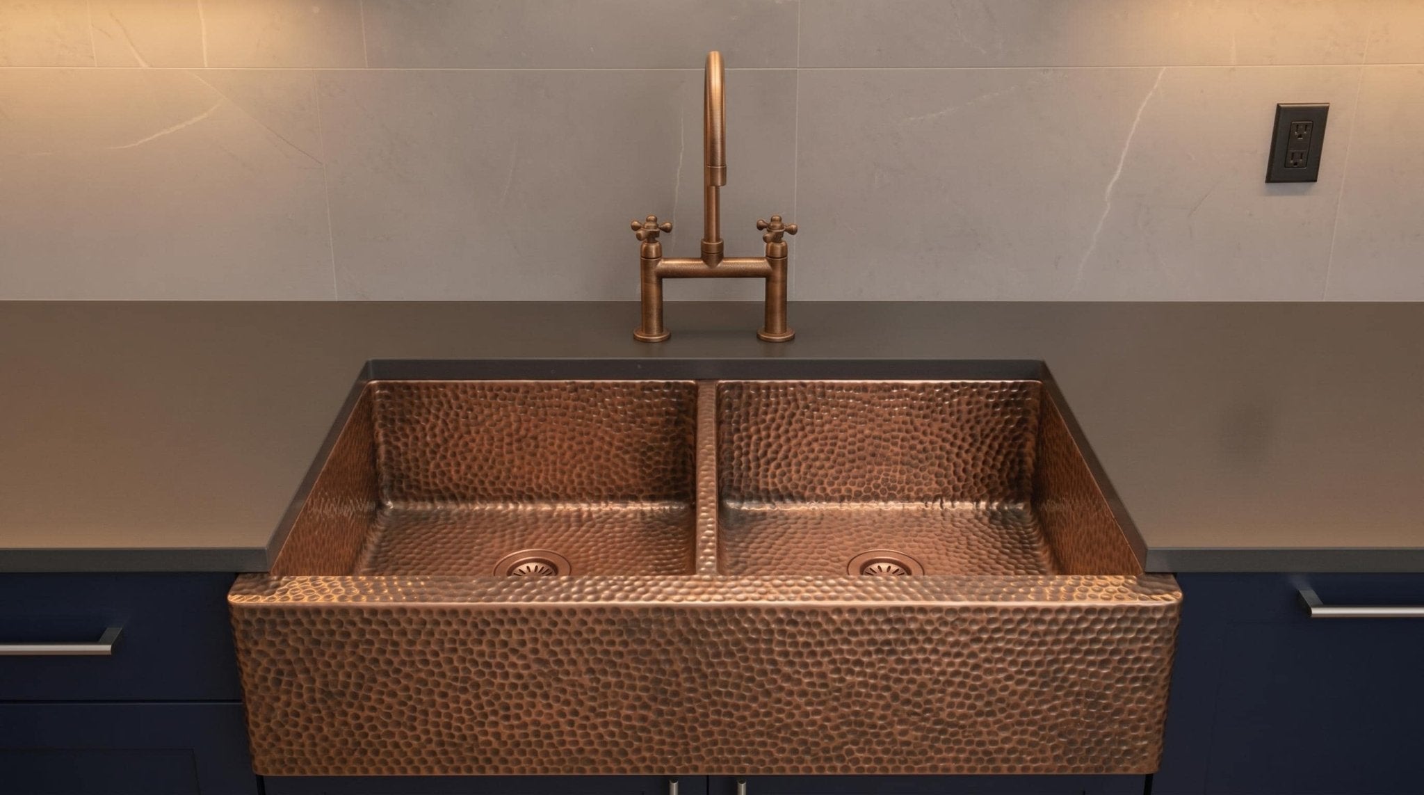 Handmade Copper Farmhouse Sink, Double Bowl Kitchen basin, Hammered Moroccan Apron Front, Custom Luxury Kitchen Renovation - Mettlemix