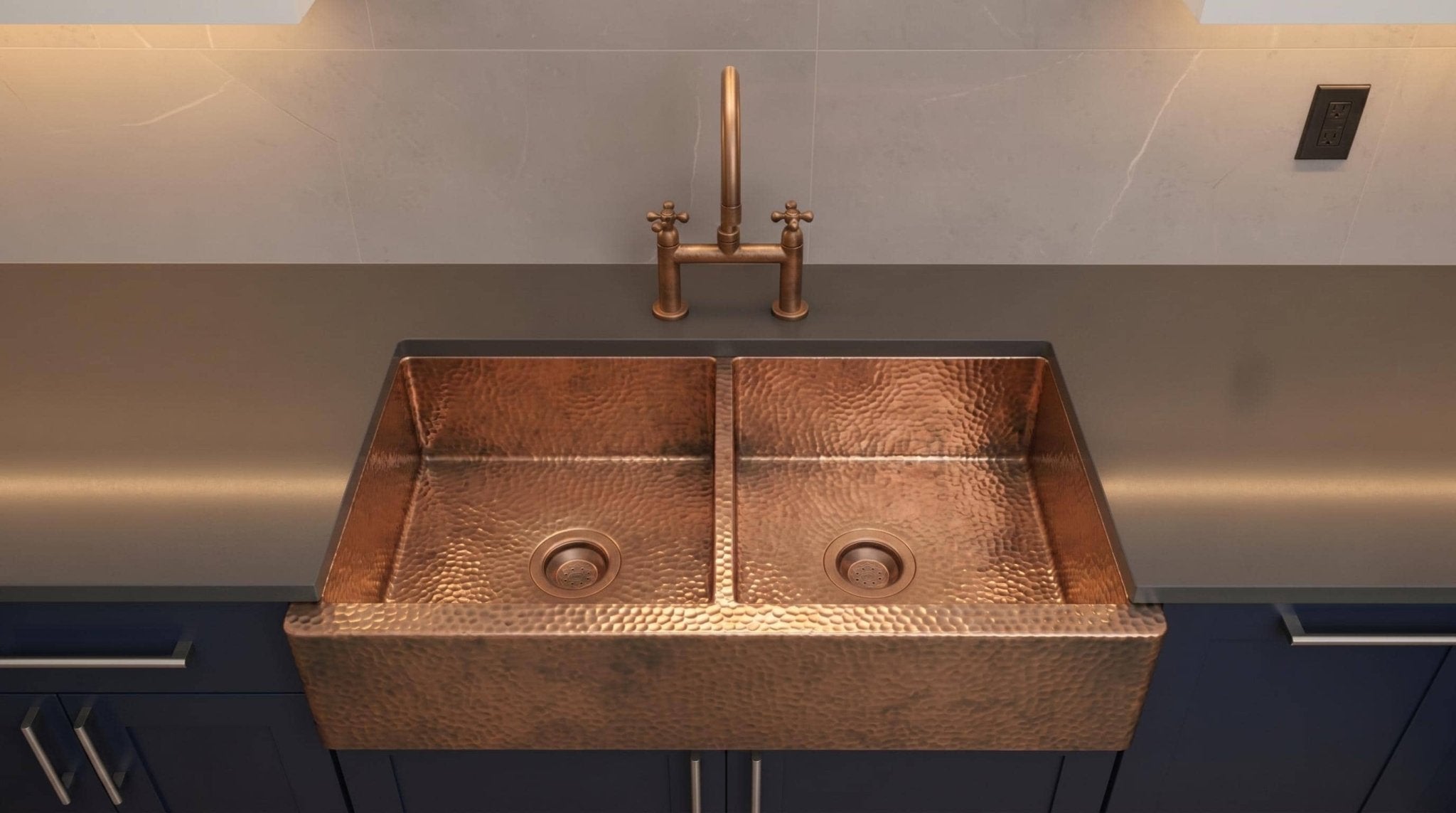 Handmade Copper Farmhouse Sink, Double Bowl Kitchen basin, Hammered Moroccan Apron Front, Custom Luxury Kitchen Renovation - Mettlemix
