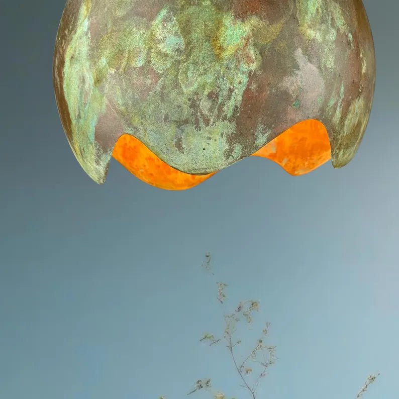 Handmade Copper Patina Pendant Light - Artistic Wave Cut Globe Lamp - Mettlemix