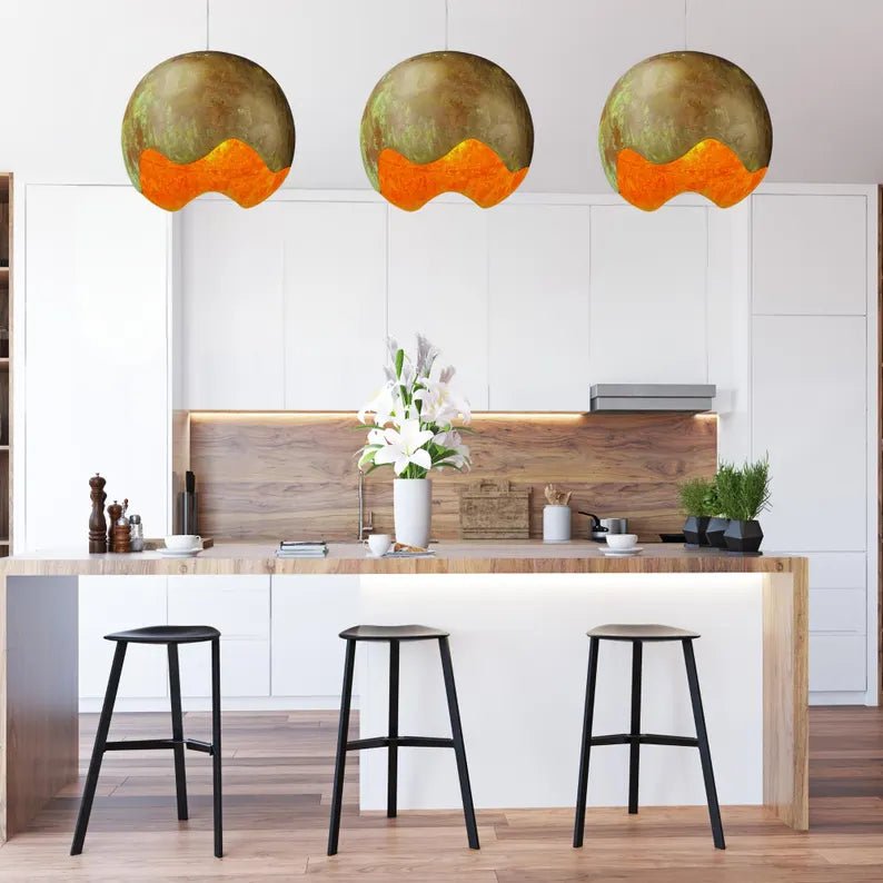 Handmade Copper Patina Pendant Light - Artistic Wave Cut Globe Lamp - Mettlemix
