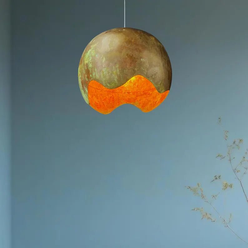Handmade Copper Patina Pendant Light - Artistic Wave Cut Globe Lamp - Mettlemix