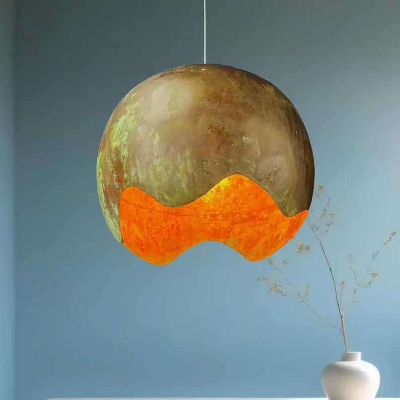 Handmade Copper Patina Pendant Light - Artistic Wave Cut Globe Lamp - Mettlemix