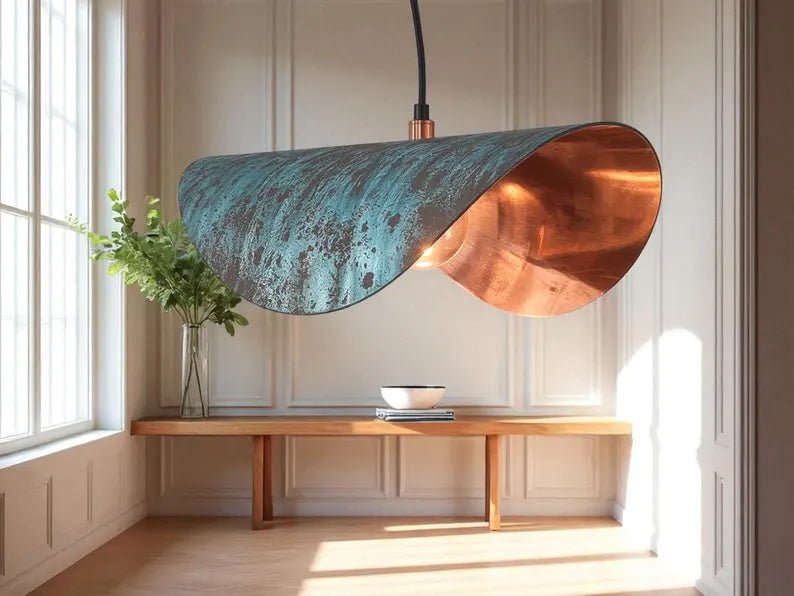 Handmade Copper Patina Pendant Light - Wavy Industrial Hanging Lamp - Mettlemix