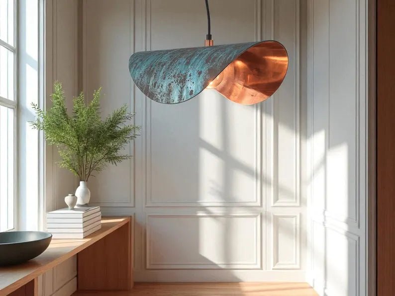 Handmade Copper Patina Pendant Light - Wavy Industrial Hanging Lamp - Mettlemix