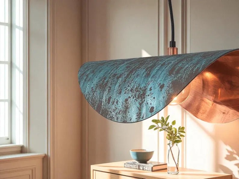 Handmade Copper Patina Pendant Light - Wavy Industrial Hanging Lamp - Mettlemix