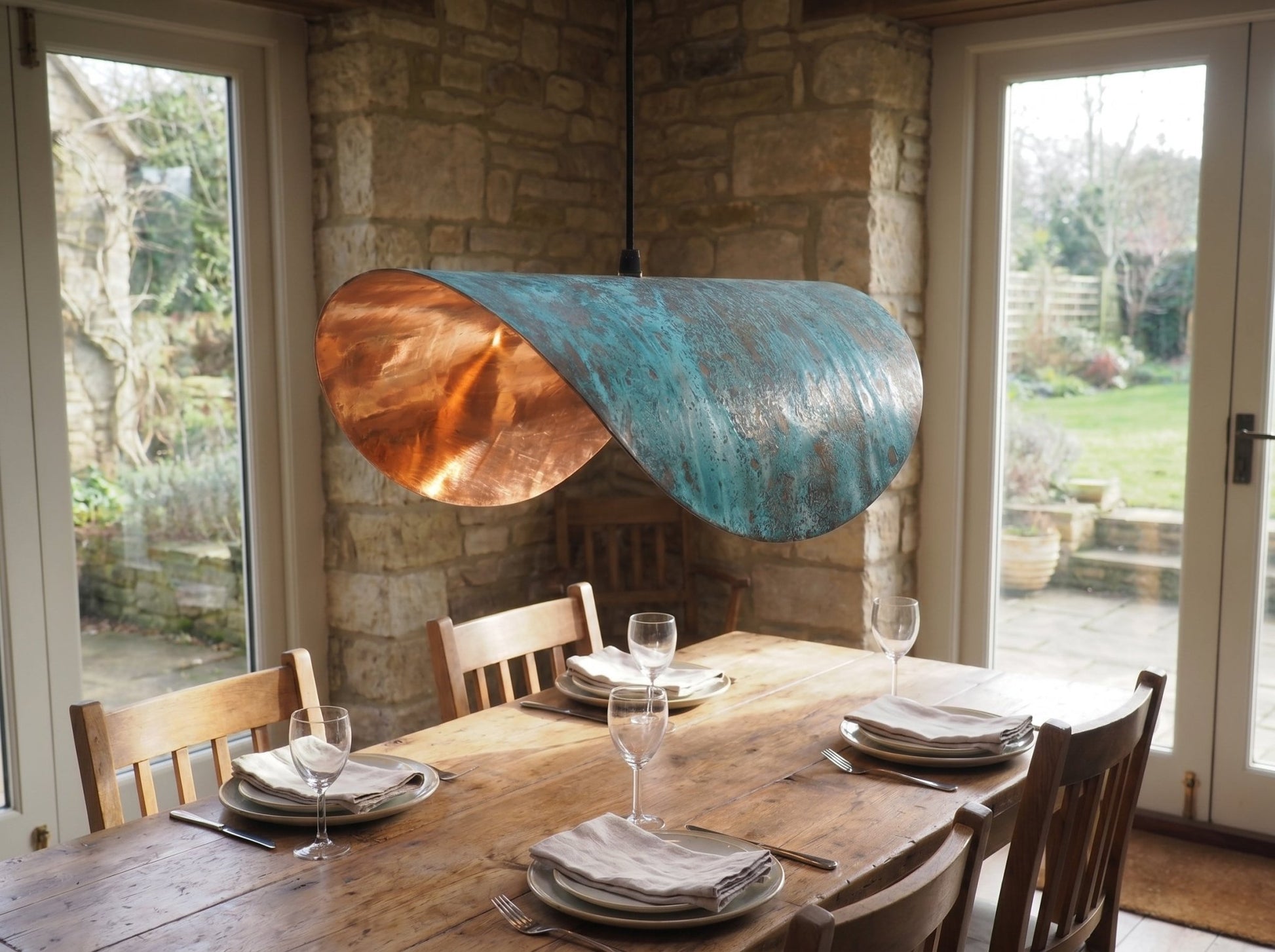 Handmade Copper Patina Pendant Light - Wavy Industrial Hanging Lamp - Mettlemix