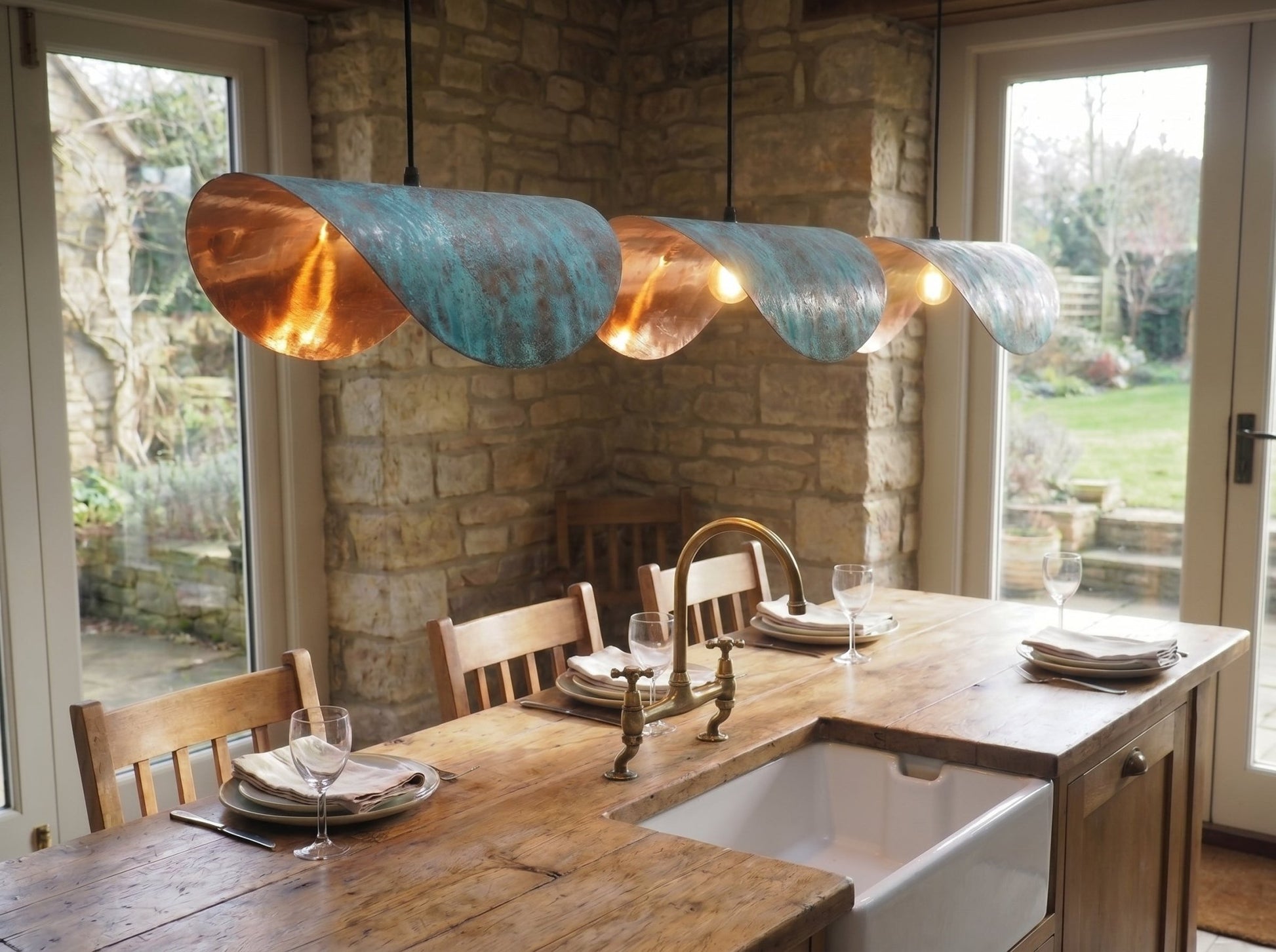 Handmade Copper Patina Pendant Light - Wavy Industrial Hanging Lamp - Mettlemix