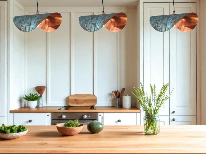 Handmade Copper Patina Pendant Light - Wavy Industrial Hanging Lamp - Mettlemix