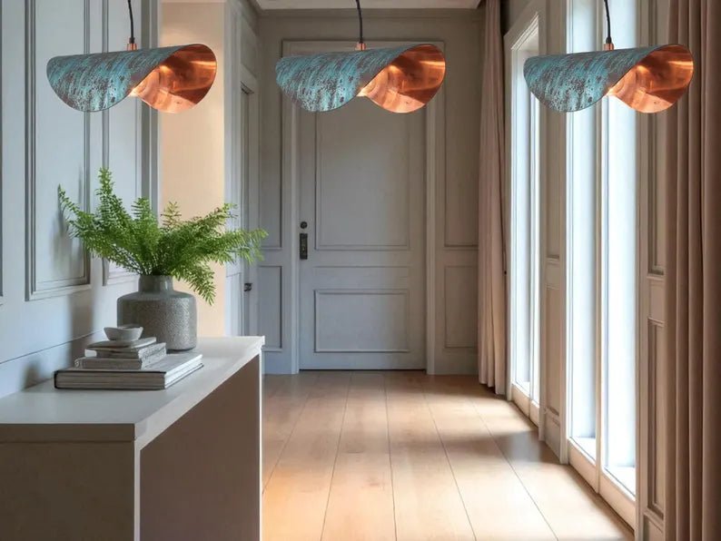 Handmade Copper Patina Pendant Light - Wavy Industrial Hanging Lamp - Mettlemix