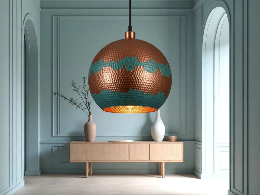 Handmade Copper Pendant Light - Green Patina Moroccan Dome Lamp - Mettlemix