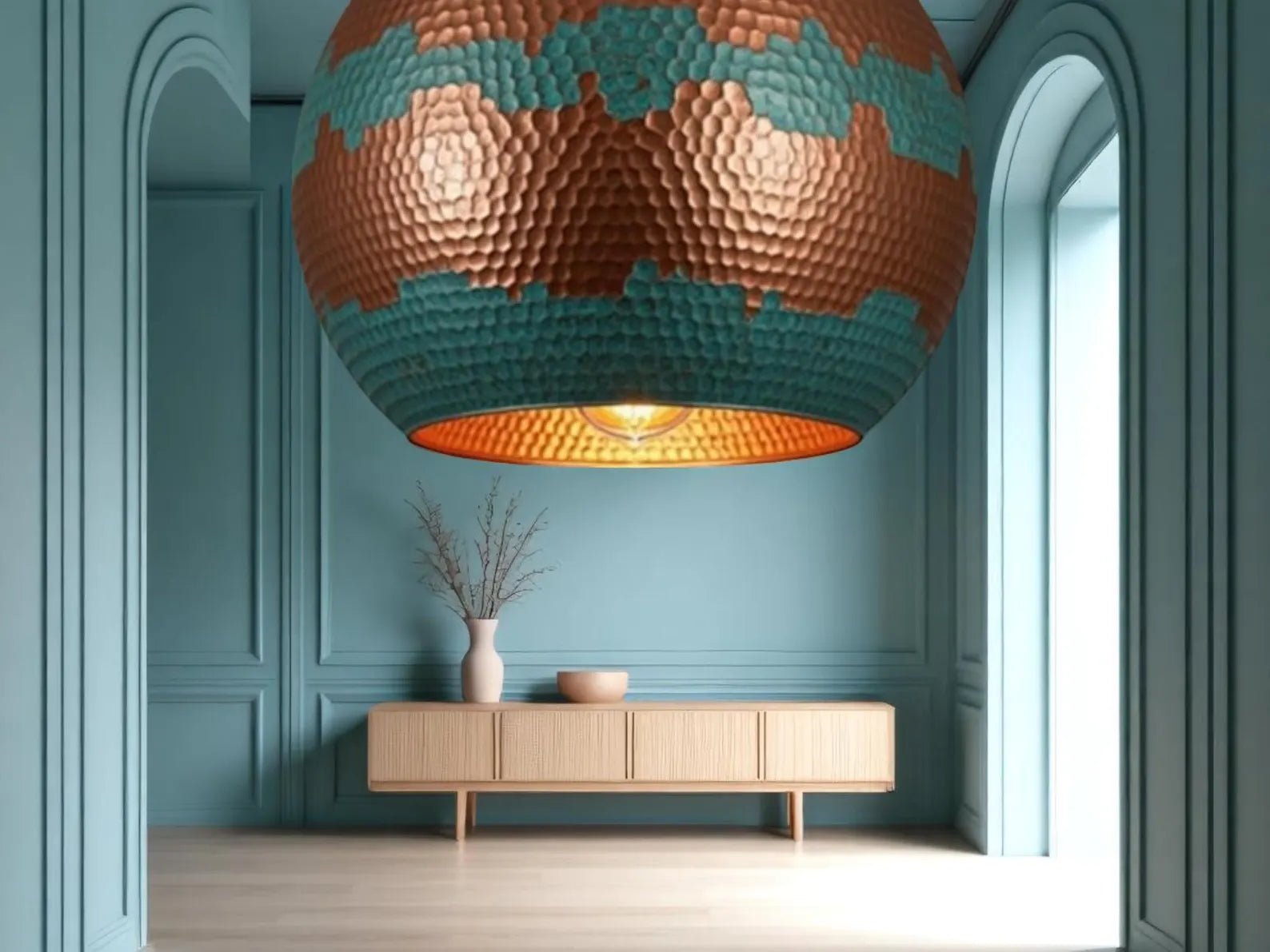 Handmade Copper Pendant Light - Green Patina Moroccan Dome Lamp - Mettlemix